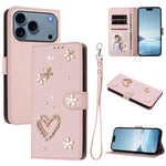 ZS01 Custodia per telefono a doppio strato in ecopelle vegana con motivo floreale a cuori e cinturino da polso, For iPhone 17e / 16e, For iPhone 17 Pro Max, For iPhone 17 Pro