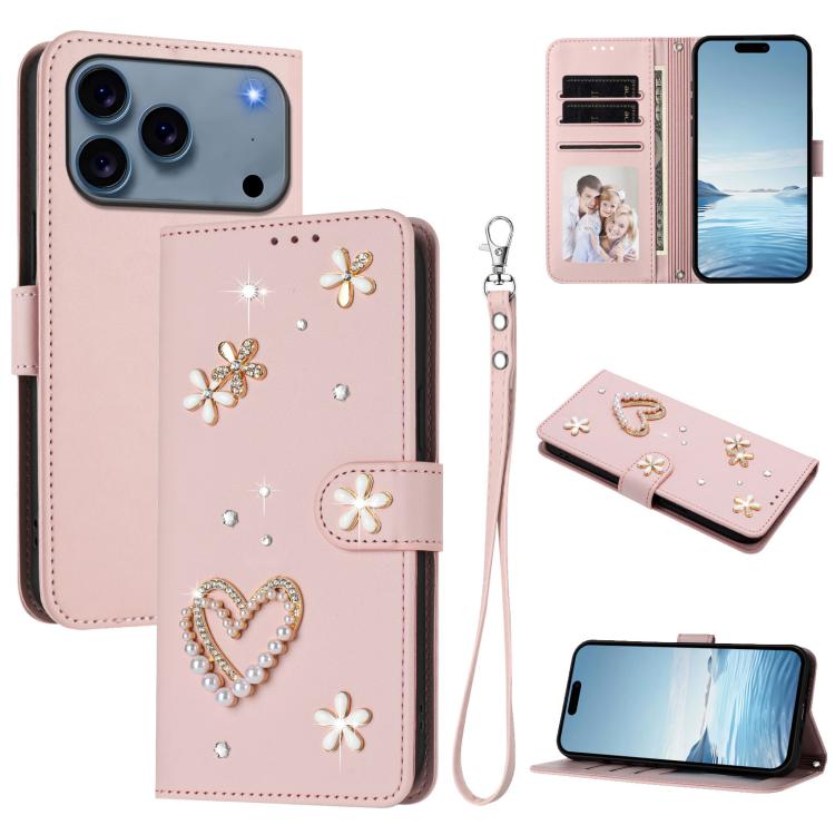 ZS01 Custodia per telefono a doppio strato in ecopelle vegana con motivo floreale a cuori e cinturino da polso, For iPhone 17e / 16e, For iPhone 17 Pro Max, For iPhone 17 Pro