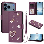ZS01 Custodia per telefono a doppio strato in ecopelle vegana con motivo floreale a cuori e cinturino da polso, For iPhone 17e / 16e, For iPhone 17 Pro Max, For iPhone 17 Pro