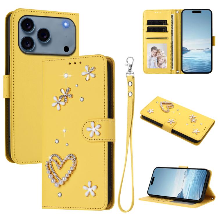 ZS01 Custodia per telefono a doppio strato in ecopelle vegana con motivo floreale a cuori e cinturino da polso, For iPhone 17e / 16e, For iPhone 17 Pro Max, For iPhone 17 Pro