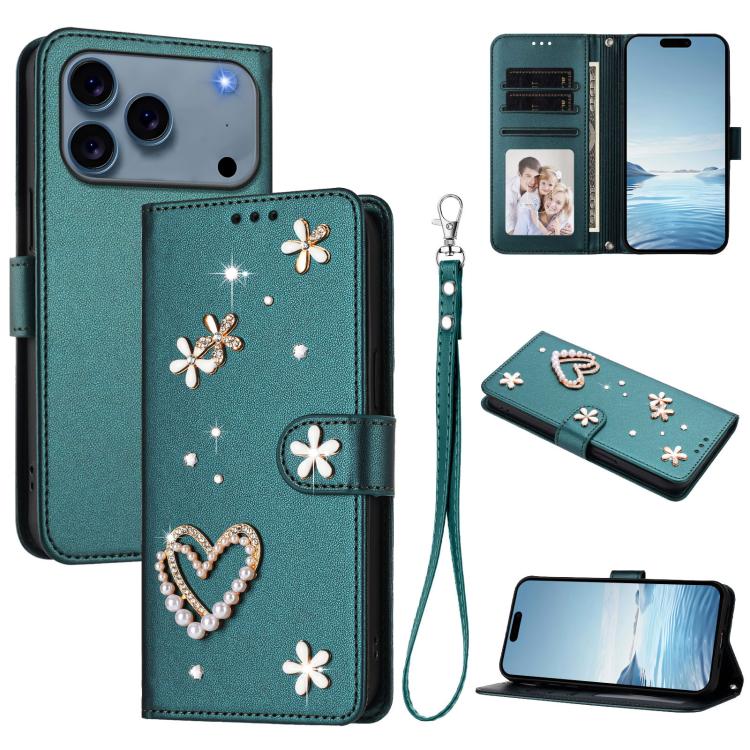 ZS01 Custodia per telefono a doppio strato in ecopelle vegana con motivo floreale a cuori e cinturino da polso, For iPhone 17e / 16e, For iPhone 17 Pro Max, For iPhone 17 Pro