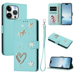 ZS01 Custodia per telefono a doppio strato in ecopelle vegana con motivo floreale a cuori e cinturino da polso, For iPhone 16 Pro, For iPhone 16 Plus, For iPhone 16