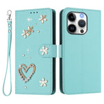 ZS01 Custodia per telefono a doppio strato in ecopelle vegana con motivo floreale a cuori e cinturino da polso, For iPhone 16 Pro, For iPhone 16 Plus, For iPhone 16