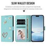 ZS01 Custodia per telefono a doppio strato in ecopelle vegana con motivo floreale a cuori e cinturino da polso, For iPhone 16 Pro, For iPhone 16 Plus, For iPhone 16