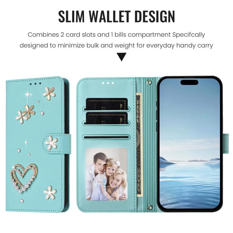 ZS01 Custodia per telefono a doppio strato in ecopelle vegana con motivo floreale a cuori e cinturino da polso, For iPhone 16 Pro, For iPhone 16 Plus, For iPhone 16