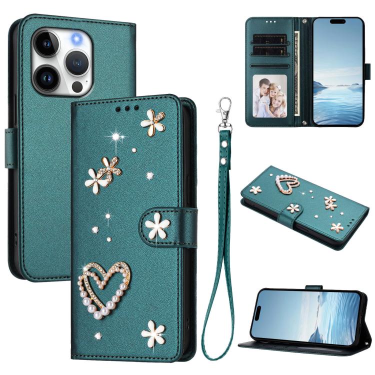 ZS01 Custodia per telefono a doppio strato in ecopelle vegana con motivo floreale a cuori e cinturino da polso, For iPhone 16 Pro, For iPhone 16 Plus, For iPhone 16