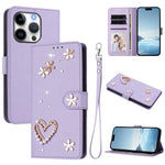 ZS01 Custodia per telefono a doppio strato in ecopelle vegana con motivo floreale a cuori e cinturino da polso, For iPhone 16 Pro, For iPhone 16 Plus, For iPhone 16