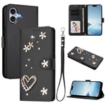 ZS01 Custodia per telefono a doppio strato in ecopelle vegana con motivo floreale a cuori e cinturino da polso, For iPhone 16 Pro, For iPhone 16 Plus, For iPhone 16