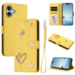 ZS01 Custodia per telefono a doppio strato in ecopelle vegana con motivo floreale a cuori e cinturino da polso, For iPhone 16 Pro, For iPhone 16 Plus, For iPhone 16