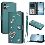 ZS01 Custodia per telefono a doppio strato in ecopelle vegana con motivo floreale a cuori e cinturino da polso, For iPhone 16 Pro, For iPhone 16 Plus, For iPhone 16
