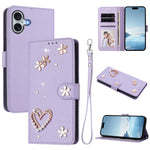 ZS01 Custodia per telefono a doppio strato in ecopelle vegana con motivo floreale a cuori e cinturino da polso, For iPhone 16 Pro, For iPhone 16 Plus, For iPhone 16