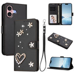 ZS01 Custodia per telefono a doppio strato in ecopelle vegana con motivo floreale a cuori e cinturino da polso, For iPhone 16 Pro, For iPhone 16 Plus, For iPhone 16