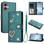 ZS01 Custodia per telefono a doppio strato in ecopelle vegana con motivo floreale a cuori e cinturino da polso, For iPhone 16 Pro, For iPhone 16 Plus, For iPhone 16