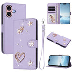 ZS01 Custodia per telefono a doppio strato in ecopelle vegana con motivo floreale a cuori e cinturino da polso, For iPhone 16 Pro, For iPhone 16 Plus, For iPhone 16