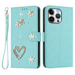 ZS01 Custodia per telefono a doppio strato in ecopelle vegana con motivo floreale a cuori e cinturino da polso, For iPhone 15 Pro Max, For iPhone 15 Pro, For iPhone 15 Plus