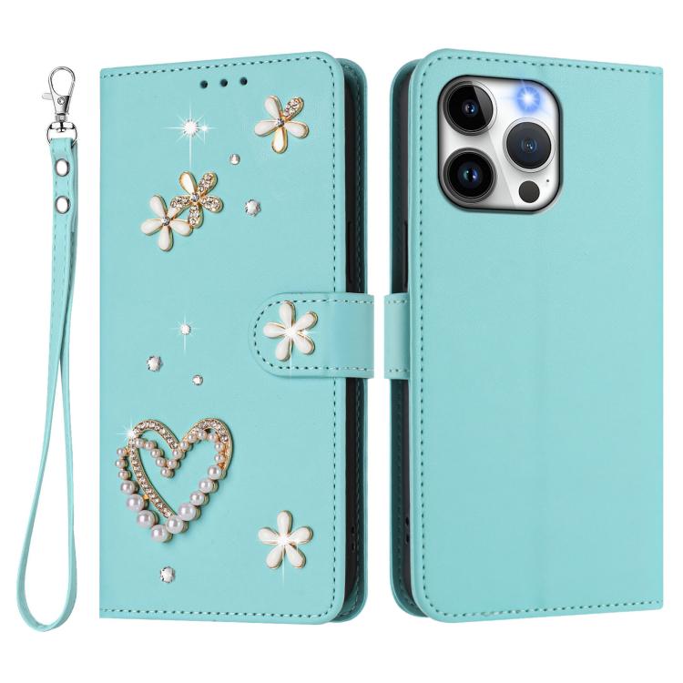 ZS01 Custodia per telefono a doppio strato in ecopelle vegana con motivo floreale a cuori e cinturino da polso, For iPhone 15 Pro Max, For iPhone 15 Pro, For iPhone 15 Plus