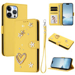ZS01 Custodia per telefono a doppio strato in ecopelle vegana con motivo floreale a cuori e cinturino da polso, For iPhone 15 Pro Max, For iPhone 15 Pro, For iPhone 15 Plus