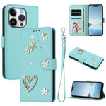 ZS01 Custodia per telefono a doppio strato in ecopelle vegana con motivo floreale a cuori e cinturino da polso, For iPhone 15 Pro Max, For iPhone 15 Pro, For iPhone 15 Plus