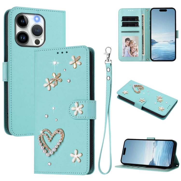 ZS01 Custodia per telefono a doppio strato in ecopelle vegana con motivo floreale a cuori e cinturino da polso, For iPhone 15 Pro Max, For iPhone 15 Pro, For iPhone 15 Plus