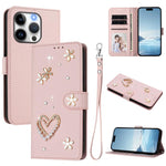 ZS01 Custodia per telefono a doppio strato in ecopelle vegana con motivo floreale a cuori e cinturino da polso, For iPhone 15 Pro Max, For iPhone 15 Pro, For iPhone 15 Plus