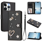 ZS01 Custodia per telefono a doppio strato in ecopelle vegana con motivo floreale a cuori e cinturino da polso, For iPhone 15 Pro Max, For iPhone 15 Pro, For iPhone 15 Plus