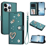 ZS01 Custodia per telefono a doppio strato in ecopelle vegana con motivo floreale a cuori e cinturino da polso, For iPhone 15 Pro Max, For iPhone 15 Pro, For iPhone 15 Plus