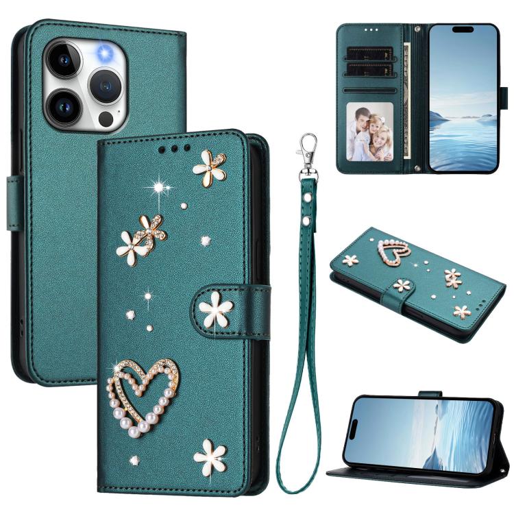 ZS01 Custodia per telefono a doppio strato in ecopelle vegana con motivo floreale a cuori e cinturino da polso, For iPhone 15 Pro Max, For iPhone 15 Pro, For iPhone 15 Plus