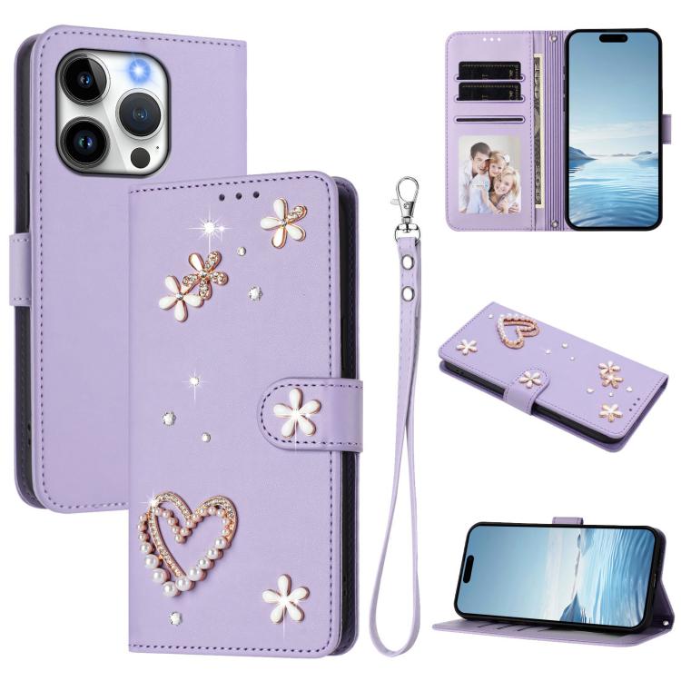 ZS01 Custodia per telefono a doppio strato in ecopelle vegana con motivo floreale a cuori e cinturino da polso, For iPhone 15 Pro Max, For iPhone 15 Pro, For iPhone 15 Plus