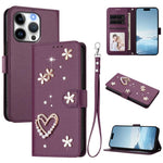 ZS01 Custodia per telefono a doppio strato in ecopelle vegana con motivo floreale a cuori e cinturino da polso, For iPhone 15 Pro Max, For iPhone 15 Pro, For iPhone 15 Plus