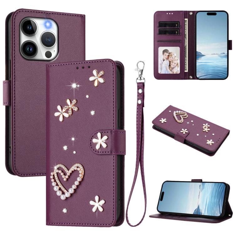 ZS01 Custodia per telefono a doppio strato in ecopelle vegana con motivo floreale a cuori e cinturino da polso, For iPhone 15 Pro Max, For iPhone 15 Pro, For iPhone 15 Plus