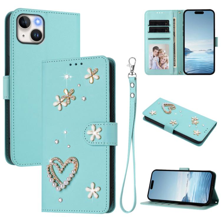 ZS01 Custodia per telefono a doppio strato in ecopelle vegana con motivo floreale a cuori e cinturino da polso, For iPhone 15 Pro Max, For iPhone 15 Pro, For iPhone 15 Plus