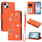 ZS01 Custodia per telefono a doppio strato in ecopelle vegana con motivo floreale a cuori e cinturino da polso, For iPhone 15 Pro Max, For iPhone 15 Pro, For iPhone 15 Plus