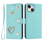ZS01 Custodia per telefono a doppio strato in ecopelle vegana con motivo floreale a cuori e cinturino da polso, For iPhone 15, For iPhone 14 Plus, For iPhone 14 / 13