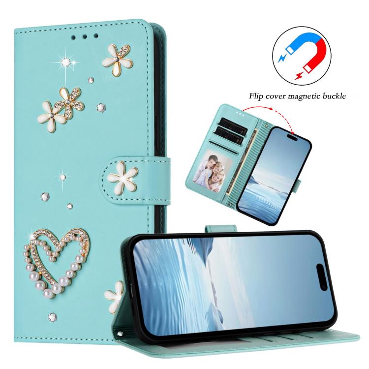 ZS01 Custodia per telefono a doppio strato in ecopelle vegana con motivo floreale a cuori e cinturino da polso, For iPhone 15, For iPhone 14 Plus, For iPhone 14 / 13
