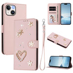 ZS01 Custodia per telefono a doppio strato in ecopelle vegana con motivo floreale a cuori e cinturino da polso, For iPhone 15, For iPhone 14 Plus, For iPhone 14 / 13