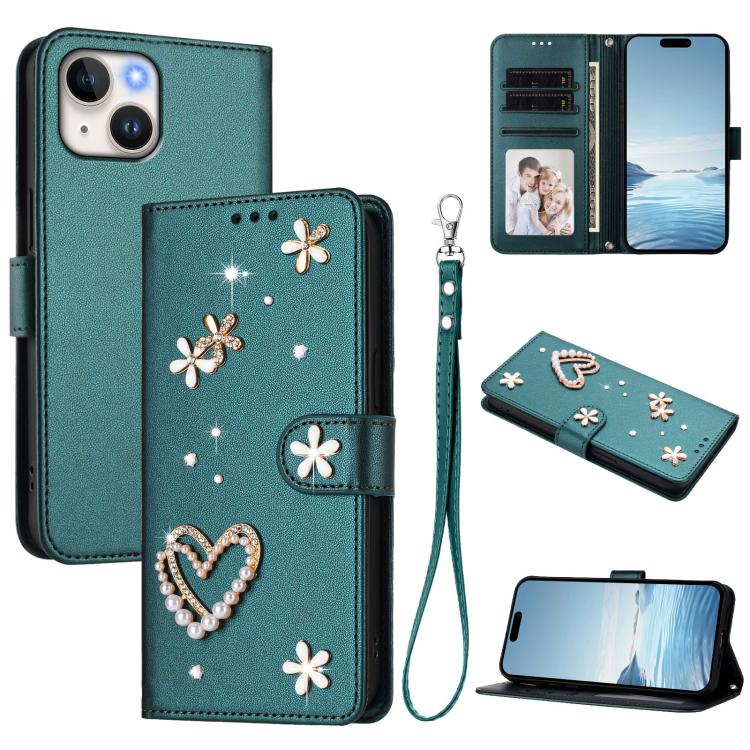 ZS01 Custodia per telefono a doppio strato in ecopelle vegana con motivo floreale a cuori e cinturino da polso, For iPhone 15, For iPhone 14 Plus, For iPhone 14 / 13