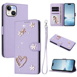 ZS01 Custodia per telefono a doppio strato in ecopelle vegana con motivo floreale a cuori e cinturino da polso, For iPhone 15, For iPhone 14 Plus, For iPhone 14 / 13