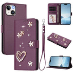 ZS01 Custodia per telefono a doppio strato in ecopelle vegana con motivo floreale a cuori e cinturino da polso, For iPhone 15, For iPhone 14 Plus, For iPhone 14 / 13