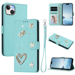 ZS01 Custodia per telefono a doppio strato in ecopelle vegana con motivo floreale a cuori e cinturino da polso, For iPhone 15, For iPhone 14 Plus, For iPhone 14 / 13