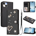 ZS01 Custodia per telefono a doppio strato in ecopelle vegana con motivo floreale a cuori e cinturino da polso, For iPhone 15, For iPhone 14 Plus, For iPhone 14 / 13