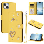 ZS01 Custodia per telefono a doppio strato in ecopelle vegana con motivo floreale a cuori e cinturino da polso, For iPhone 15, For iPhone 14 Plus, For iPhone 14 / 13
