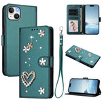 ZS01 Custodia per telefono a doppio strato in ecopelle vegana con motivo floreale a cuori e cinturino da polso, For iPhone 15, For iPhone 14 Plus, For iPhone 14 / 13
