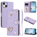 ZS01 Custodia per telefono a doppio strato in ecopelle vegana con motivo floreale a cuori e cinturino da polso, For iPhone 15, For iPhone 14 Plus, For iPhone 14 / 13