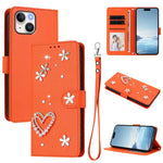 ZS01 Custodia per telefono a doppio strato in ecopelle vegana con motivo floreale a cuori e cinturino da polso, For iPhone 15, For iPhone 14 Plus, For iPhone 14 / 13