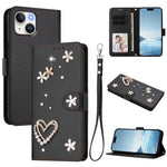 ZS01 Custodia per telefono a doppio strato in ecopelle vegana con motivo floreale a cuori e cinturino da polso, For iPhone 15, For iPhone 14 Plus, For iPhone 14 / 13