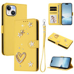 ZS01 Custodia per telefono a doppio strato in ecopelle vegana con motivo floreale a cuori e cinturino da polso, For iPhone 15, For iPhone 14 Plus, For iPhone 14 / 13
