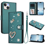 ZS01 Custodia per telefono a doppio strato in ecopelle vegana con motivo floreale a cuori e cinturino da polso, For iPhone 15, For iPhone 14 Plus, For iPhone 14 / 13