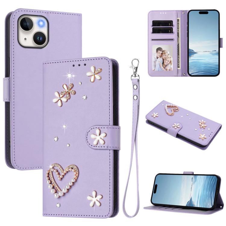 ZS01 Custodia per telefono a doppio strato in ecopelle vegana con motivo floreale a cuori e cinturino da polso, For iPhone 15, For iPhone 14 Plus, For iPhone 14 / 13
