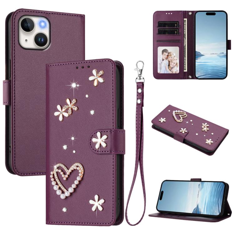 ZS01 Custodia per telefono a doppio strato in ecopelle vegana con motivo floreale a cuori e cinturino da polso, For iPhone 15, For iPhone 14 Plus, For iPhone 14 / 13