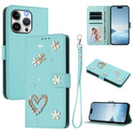ZS01 Custodia per telefono a doppio strato in ecopelle vegana con motivo floreale a cuori e cinturino da polso, For iPhone 13 Pro, For iPhone 12 / 12 Pro, For iPhone 12 Pro Max